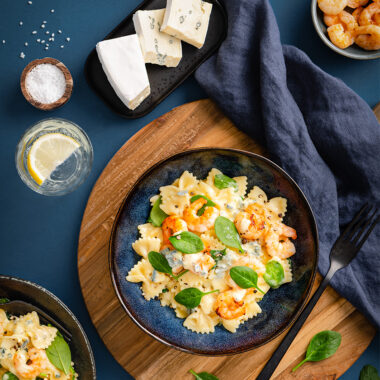 Bildmotiv für CAMBOZOLA-Garnelen-Spinat One-Pot Pasta